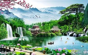 Tranh wall thác nước phong thủy và hoa Sen