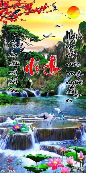 Tranh thác nước phong thủy thư pháp cha mẹ