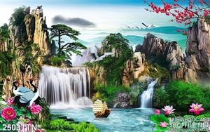 Tranh in 3D thác phong thủy mùa xuân đẹp