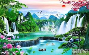 Tranh wall phong cảnh thác nước mùa xuân nghệ thuật