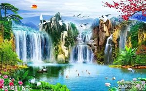 Tranh decor thác phong thủy mùa xuân đẹp nhất