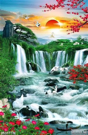 Tranh in 3D khổ dọc sơn thủy mùa xuân