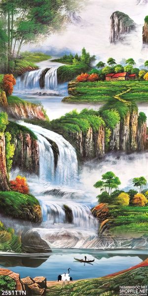 Tranh wall thác phong thủy sơn dầu