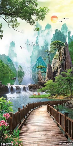 Tranh in 3D cây cầu và thác nước phong thủy đẹp nhất