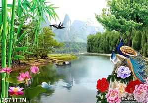 Tranh decor chim công và rừng tre psd
