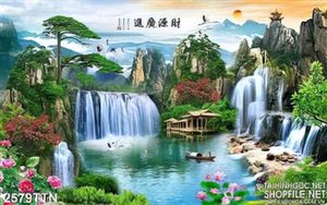 Tranh decor thác nước phong thủy và chim Hạc