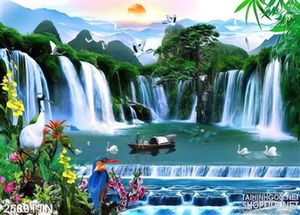 Tranh thác nước phong thủy và cây tre psd