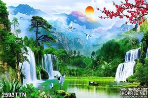 Tranh hoa Đào và thác nước phong thủy in 3D