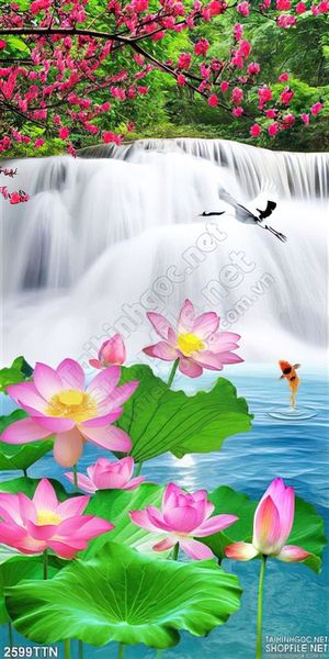 Tranh psd khổ dọc thác nước và hoa Sen