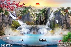Tranh thác nước phong thủy và chim Hạc