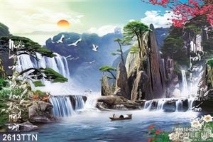 Tranh wall thác nước nghệ thuật mùa xuân psd