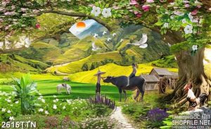 Tranh psd phong thủy decor thiên nhiên làng quê