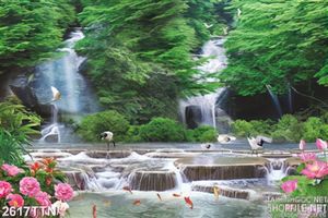Tranh tường phong thủy thác nước và hạc