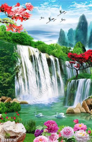 Tranh phong thủy cảnh thác nước và hoa mẫu đơn