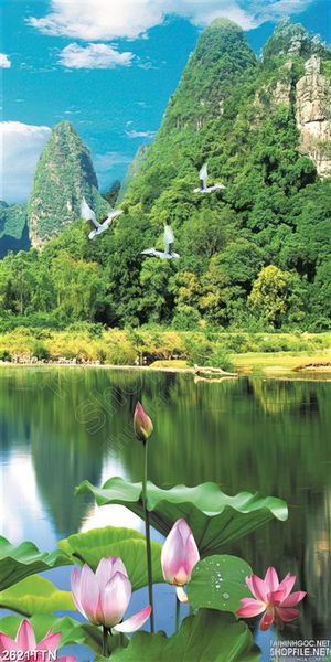Tranh cảnh núi bên hồ sen nhỏ