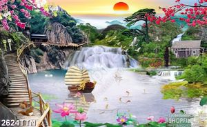 Tranh in 3D phong thủy và thuyền bên hồ sen