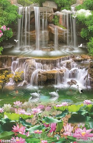 Tranh in uv thác nước và hồ sen hồng