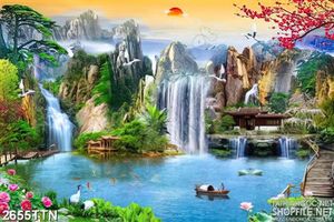 Tranh hạc và mẫu đơn bên hồ nước xanh