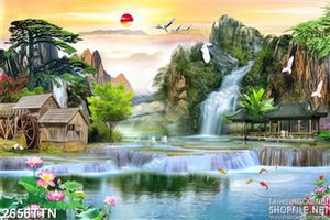 Tranh ngôi nhà cỏ bên thác nước in uv