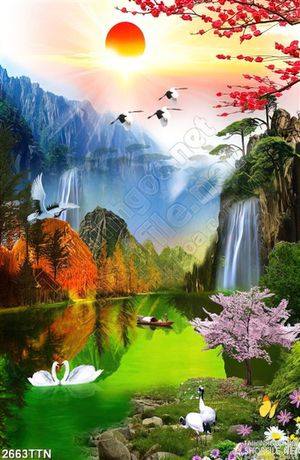 Tranh phong thủy thiên nga trong hồ xanh