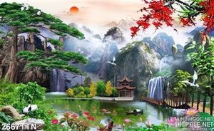 Tranh phong thủy đẹp ngôi đình nhỏ trong hồ nước