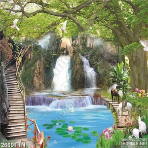 Tranh phong cảnh hồ nước và cây cầu gỗ