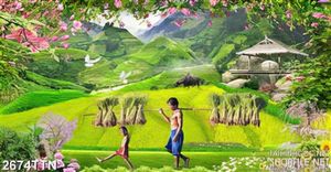 Tranh đẹp phong cảnh người đàn ông gánh lúa