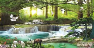 Tranh in phong cảnh ngựa bên bờ thác