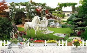 Tranh phong cảnh đôi ngựa trắng trong vườn hoa