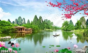 Tranh in nghệ thuật phong thủy ngôi nhà bên hồ