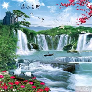 Tranh mùa xuân phong thủy thác nước