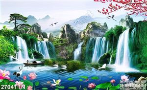 Tranh thác nước và hoa sen bên hồ