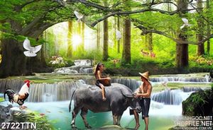 Tranh cậu bé đi chăn trâu in wall