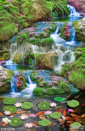Tranh suối nhỏ bên hoa sen