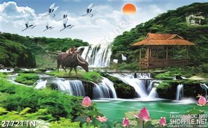 Tranh psd chăn trâu trong đầm nước