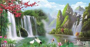 Tranh tường phong thủy hoa đào và núi
