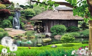 Tranh ngôi nhà bên hồ nước mùa xuân
