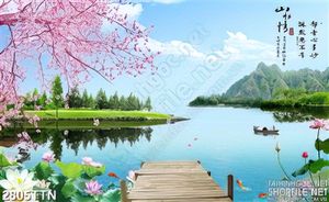 Tranh hoa đào đẹp trong hồ