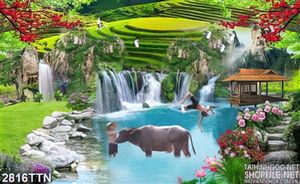Tranh chú trâu tắm sông in uv