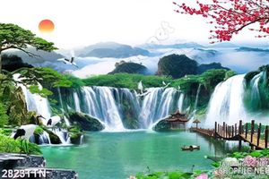 Tranh hoa đào đỏ và cây cầu in uv