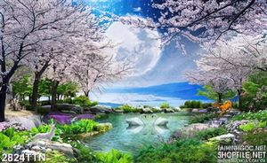 Tranh bầu trời đẹp mùa xuân hoa đào trắng