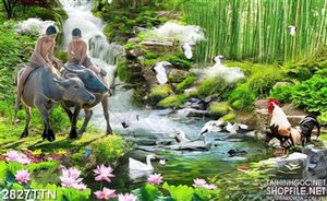 Tranh cưỡi trâu đẹp bên suối