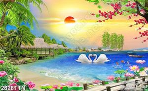 Tranh thiên nga đẹp trong hồ nước xanh
