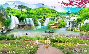 Tranh thiên nhiên vườn hoa và nai nhỏ