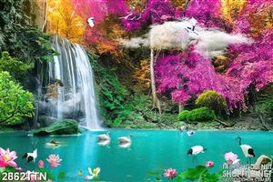 Tranh hoa đào đẹp bên hồ
