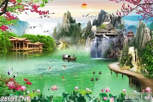 Tranh cây cầu nhỏ phong thủy psd