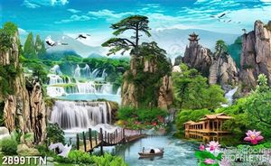 Tranh thác nước bên cây cầu gỗ đẹp