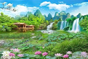 Tranh ngôi nhà gỗ bên hồ sen