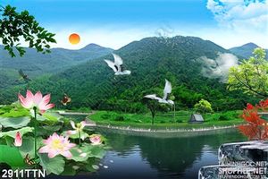 Tranh hạc tiên bay trên hồ nước