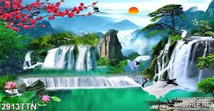 Tranh đẹp hạc múa bên thác nước